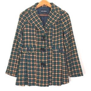 Beta House Tweed Plaid Pea Coat Green Yellow Blue Size Medium